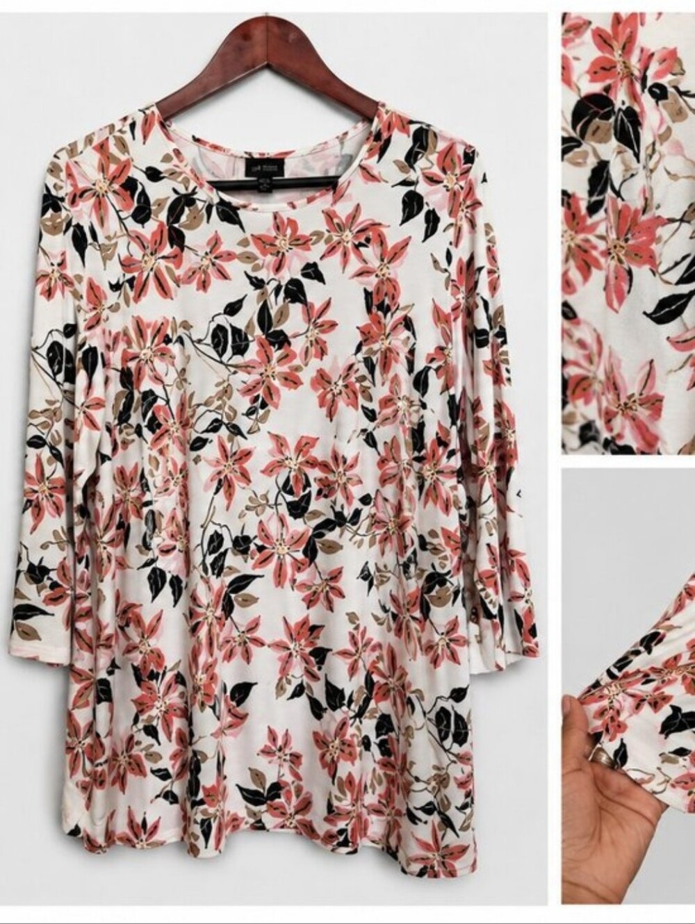 J. Jill Wearever Collection Floral Tunic Top Women’s 1X Pink Black Stretch 3/4
